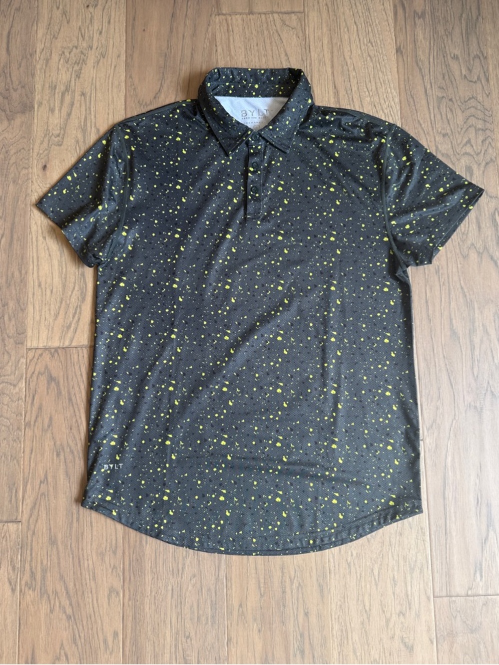 BYLT Basics Dark Charcoal Polo Yellow Green Paint Splatter Print Large